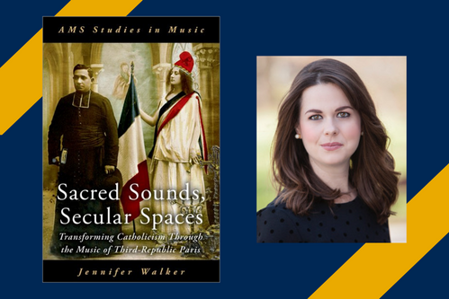 Jennifer Walker's photo and the cover of her book, "Sacred Sounds, Secular Spaces" on a navy background