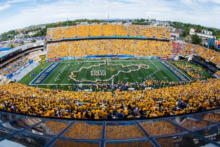 The WVU Marching Band in the state formation, taken from the WVU press box