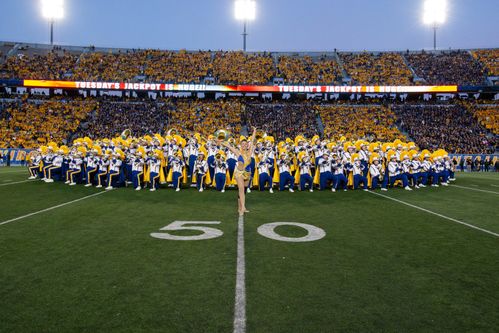 WVU Marching Band in circle formation under the lights at football stadium